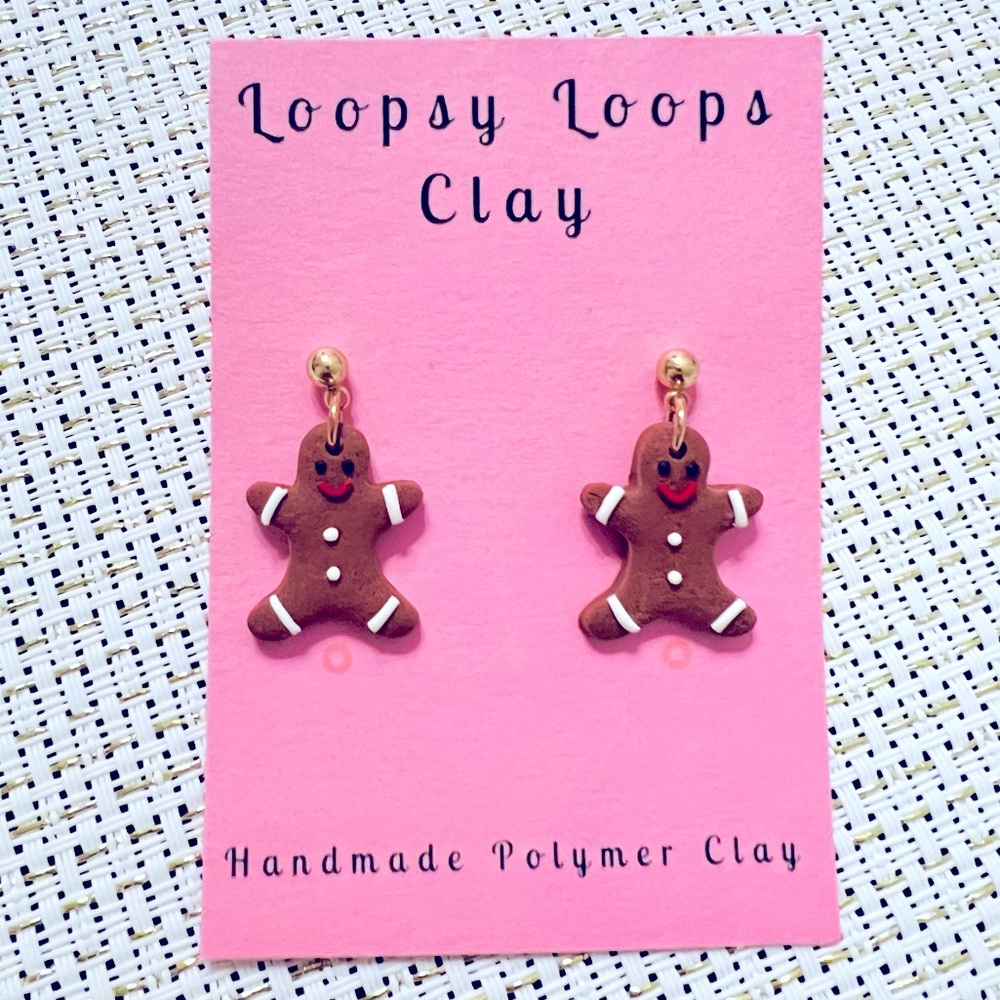 Handmade gingerbread man polymer clay earrings